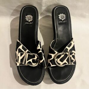 Black Animal Print Wedge Sandals with Rhinestone Buckle Bold Statement